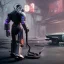 Placeholder: fallout 4 character in action, yohan diniz(fast walker) as robot in the streets of cyberpunk city filling up car, gaz station, unreal, spray paint, clay, vox model