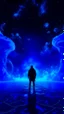 Placeholder: A shadow is standing in front of a Blue Galaxy inside a marble, surrounded by neon Blue and Black fog, 3D, trippy, spooky. Stunning environment, beautifully lit, insanely detailed