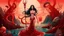 Placeholder: This image appears to be a digital illustration depicting a nude female figure standing in front of a surreal, fantastical background featuring large, red sea creatures or organisms. The figure has long, dark hair and is holding a staff or wand. The overall style and subject matter suggest this is a fantasy or occult-themed digital artwork