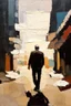 Placeholder: Abstract of a distant Man walking down empty street minimalist art in the style of Paul Klee with grunge textures and heavy impasto textures