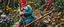 Placeholder: close up portrait of blue and red clothed gnome riding furred lynx cat with lances in garden of eden in the style of Escher and Giger