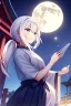 Placeholder: girl, masterpiece, best quality, cinematic lighting, detailed outfit, vibrant colors, perfect eyes, white hair, blue eyes, long hair, low ponytail, hakama, shrine, smile, looking down, night sky, starry sky, full moon,