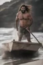 Placeholder: full figure shot photography of an angry strong muscular beefy burly 38 years old hairy ugly arab fisherman, short beard, dreadlocks, shirtless, manly chest, bulging swimwear, angry eyes, walking on the beach in the sun, side light, sweat and wet, ground view angle