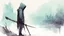 Placeholder: death in a hoodie and with a scythe talks to man on the remains of the world, a light watercolor sketch, by Leonid Afremov & Benedick Bana & Atelier Olschinsky & Ian McQue