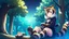 Placeholder: Two Girl, raccoon tail, raccoon ears, sit on tree, night time, forest, raccoon paws in foot,