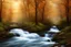 Placeholder: realistic oil painting style, forest, stream, bushes, small wooden bridge