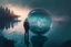 Placeholder: Person seeing a Magic sphere in the misty lagoon, that reflects galaxy