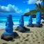 Placeholder: A blue gelatinous beach designed in Hawaiian tikis