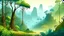 Placeholder: Cartoon illustration for children: Cenozoic rainforest full of mist, millions of years ago, with prehistoric trees, a volcano