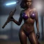 Placeholder: full face shot, masterpiece, best quality, dark skinned, sparkling eyes, fluorescent skin,purple-dark makeup, armed with bullet guns, highly detailed body, sun light, 4K, RAW, depth of field, high contrast, realistic details, 24mm