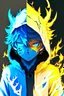 Placeholder: An anime boy who is a devil and wears a white and black hoodie with streaks of blue and light yellow colors, as well as an electronic and neon mask that only covers the front of his mouth with yellow and light blue colors, his eyes are yellow and The one is blue and they are neon, his back is surrounded by fire, and the fire is a combination of blue and yellow colors, and in his hands and beside him is a thunderbolt with blue and yellow colors.