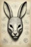 Placeholder: Hand drawn, art by Wayne Reynolds , Daren Bader and Tom Tenery, old paper with detailed schematics of a cyber rabbit mask, detailed drawings, cross section, concept sheet sketch, 8k