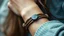 Placeholder: very close-up macro photo of a bracelet made of brown leather and onix on a woman's wrist, detailed, sharp contrasts, realistic, cinematic, blur background