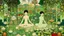 Placeholder: An illustration by Miyazaki and Monet of individuals practicing yoga by Egon Schiele surrounded by blooming flowers and lush vegetation.