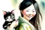 Placeholder: A cute smiling Chinese girl is holding a kitten. Watercolour