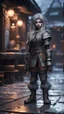 Placeholder: Damascus steel , ducks mane,moon, fluffy boots, full figure with metallic stone gauntlets holding dark jagged dagger, standing on frozen wet tiled floor outside fantasy tavern, focused female brownie vampire gnome from worms armageddon wearing makeup, bokeh like f/0.8, tilt-shift lens 8k, high detail, smooth render, down-light, unreal engine, prize winning