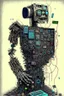 Placeholder: Artwork entitled "words violate guidelines"; depicts a robot composed of old computer and electronic parts starting back up and emitting vibration; lowbrow; old-school 1990's electronics; neo-surrealism.