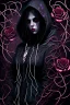 Placeholder: a beautiful and mysterious gothic woman entangled in wire and roses, hoody, dark and gothic lighting, ultra realistic and highly detailed, explosive background, epic, striking messy art style, cracked sealant surface and heavy textures , extremely beautiful