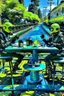 Placeholder: 2 people in dive suits and flippers sit at a round garden table and drinking tea. They are sitting on a train track and a steaming train is coming right towards them