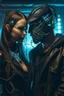 Placeholder: a handsome cyberpunk man wearing a mask connected by wires with a beautiful cyberpunk woman