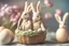 Placeholder: photorealistic image, browned, faded, last century style photograph with knitted and embroidered rabbits, painted Easter eggs in basket, flowers, in sunlight, edges of image appear burnt, ethereal, cinematic postprocessing, bokeh, dof