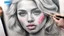 Placeholder: street artist draws a portrait of a blonde woman, charcoal, pencil, pink lips, blue eyes, fine drawing, hand with a brush