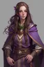 Placeholder: cahotic neutral charismatic Wood Elf Bard Female with pale skin, long brown hair, wearing a purple vest and brown adventurer's cloak with a smirk.