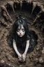 Placeholder: Closeup petit Girl goth with big eyes, fullbody, ragged clothes, extended like roots, the perspective looking up from the bottom of an empty well , midle underwater and mud 8k,macro photography,