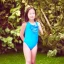 Placeholder: 7 year old girl in blue swimsuit and shoes