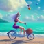 Placeholder: A girl is riding a bicycle on the beach. His cat is sitting in the front basket of the bicycle. Spring flowers can be seen everywhere. Beautiful blue sky with white clouds - kites in the sky. sense of peace. digital art, anime, 8k, full details, colorful, high resolution