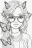 Placeholder: Outline art for cute coloring pages with butterfly with glasses, full body, white background, sketch style, only use outline, clean line art, no shadows and clear and well outlined.