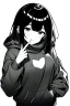 Placeholder: girl dressed in a loose sweatshirt and with one hand resting on her heart, line arts, greyscale