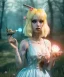 Placeholder: Ultra realistic wonderland photo, happy blonde Alice smoking a pipe, blue dress, white rabbit pet, circus dress style, old school tattoo, smoke, marijuana garden, glow eyes, perfect iris, soft color, highly detailed, unreal engine 5, ray tracing, RTX, lumen lighting, ultra detail, volumetric lighting, high definition.