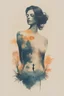 Placeholder: A minimalist, t-shirt design with a vintage twist, featuring a sleek and stylized unclad woman body silhouette against a faded, women body is painting about nature, awosome, bright.