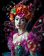 Placeholder: Gorgeous Realistic Photography Camera Lens soft blur Pretty European Supermodel as Beautiful Fairytale, a stunning beautiful woman adorned in vibrant carnival attire, ethereal beauty, black background, with swirling colors and fantastical tiny flowers, enchantment and grace, twisted vines, whimsical, surreal landscapes, emotive style, dreamlike quality, and magical realism, carnival red, ethereal pink, whimsical blue, vibrant green, celestial purple, golden amber, and shimmering silver