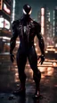 Placeholder: Spiderman wearing venom armor, face visible, sharp face focus, ready for batt, destroyed city in the background, deep perspective. bokeh, rim lights, light leaks, neon ambiance, abstract black oil, gear mecha, detailed acrylic, grunge, intricate complexity, rendered in unreal engine, photorealistic