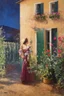 Placeholder: Night, one woman, house, vegetations, flowers, metal fence, dirt, charles leickert, and anna boch paintings
