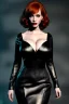 Placeholder: Christina Hendricks dressed in black leather gown, frank miller sin city, busty, cleavage, volumetric lighting, particales,highly detailed,cinematic, deep colours,8