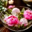 Placeholder: Cinematic shot of peonies inside a glass bowl, glass, crystal, linen, dewdrops, warm lighting, luxurious, terrarium