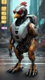 Placeholder: CHICKEN robot, sci-fi, cyberpunk, full body, ultra realistic, virtual reality, cyberpunk city and colors