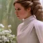 Placeholder: death star background, complete and photo realistic detailed head to waist stunning photo realistic portrait of young carrie fisher as Princess Leia in star wars with photo realistic hairstyle by Mandy Jurgens and mucha and Richard Schmid and chuck close and chie yoshii, extraordinary and detailed ceremony dress of star wars,brown eyes