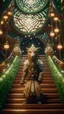 Placeholder: close up portrait of a happy blessed ancient magical king fox soldier standing on a throne in a space alien mega structure with stairs and bridges woven into a sacred geometry knitted tapestry in the middle of lush magic forest, bokeh like f/0.8, tilt-shift lens 8k, high detail, smooth render, down-light, unreal engine, prize winning