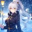 Placeholder: girl, masterpiece, best quality, cinematic lighting, detailed outfit, perfect eyes, silver hair, long hair, vibrant golden eyes, ponytail, messy hair, snowing, winter outfit,