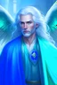 Placeholder: A male aasimar with green eyes. Shoulder-long silver hair, and golden-colored angel wings. A silver colored, extended goatee. Wearing elegant blue robes with copper colored trim. The robes have a hood that he is wearing.