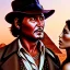 Placeholder: johnny depp as indiana jones kissing a model. at sunset, in egypt.