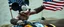 Placeholder: hi speed bad ass cyber punk masculine realistic mickey mouse rambo humanoid with hairy arms and chest, on quad, motion blurred background, holding american flag