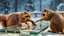 Placeholder: ice bear squirrel raccoons playing nuts hockey on super long glass table on ceres