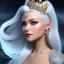 Placeholder: Ice Princess with white hair smilling, a crown with precious stones, bright background