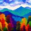 Placeholder: Layers of mountains and trees impressionist colorful