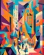 Placeholder: A cubist-inspired cityscape with geometric shapes, vivid colors, and abstract figures strolling through the bustling streets.